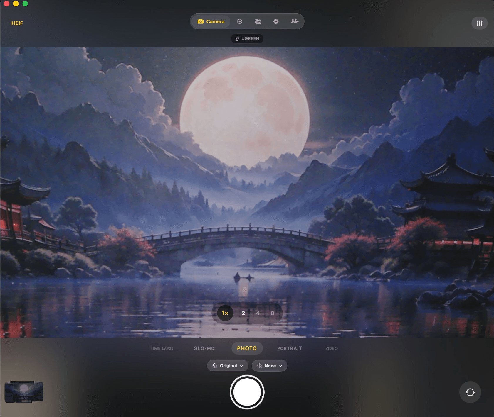 Cappture's camera screen, a moonlit landscape in the viewfinder, with the mode carousel and shutter below